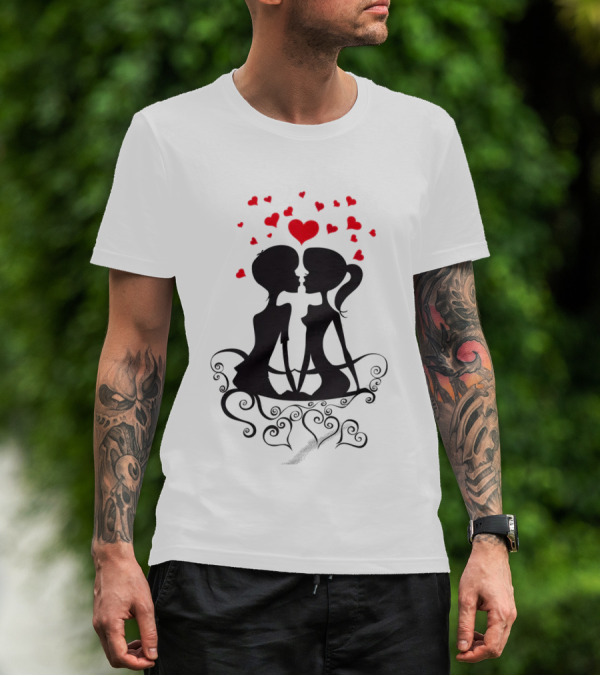 Lesbian Couple Kissing Romantic Silhouettes With Heart And Hearts T-Shirt