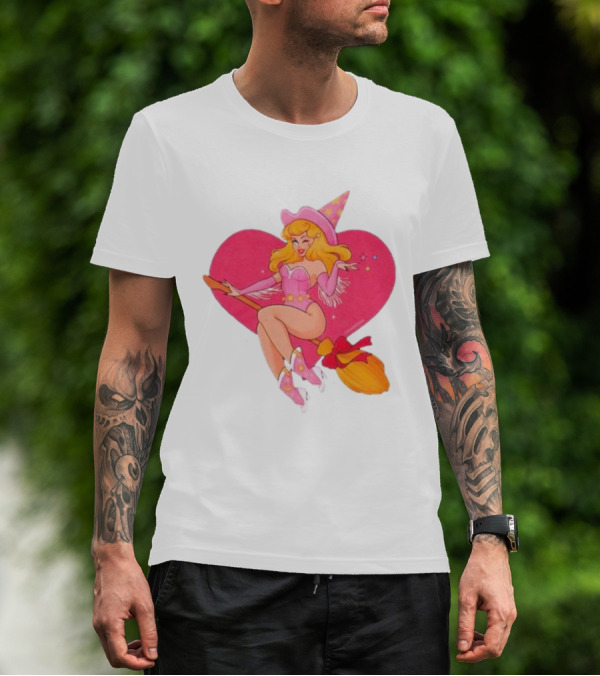 This Barbie Is A Witch Riding A Broomstick With Pink Heart Background T-Shirt