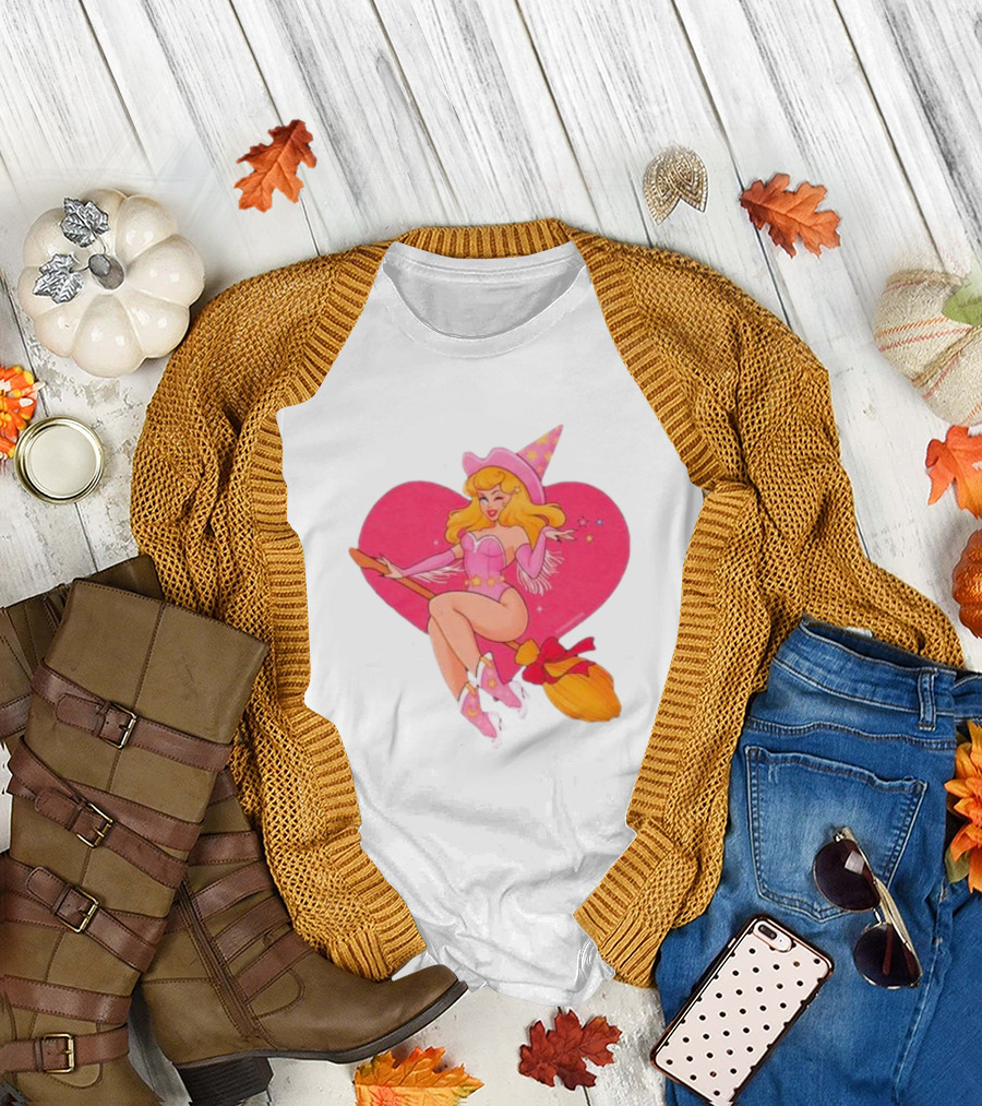 This Barbie Is A Witch Riding A Broomstick With Pink Heart Background T-Shirt