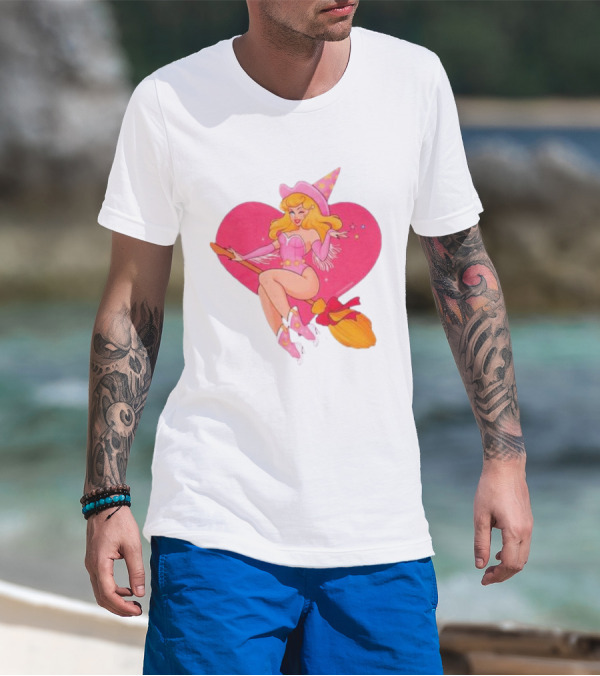 This Barbie Is A Witch Riding A Broomstick With Pink Heart Background T-Shirt
