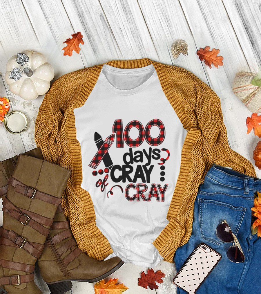 100 Days Cray of Cray Red Plaid Crayons T-Shirt