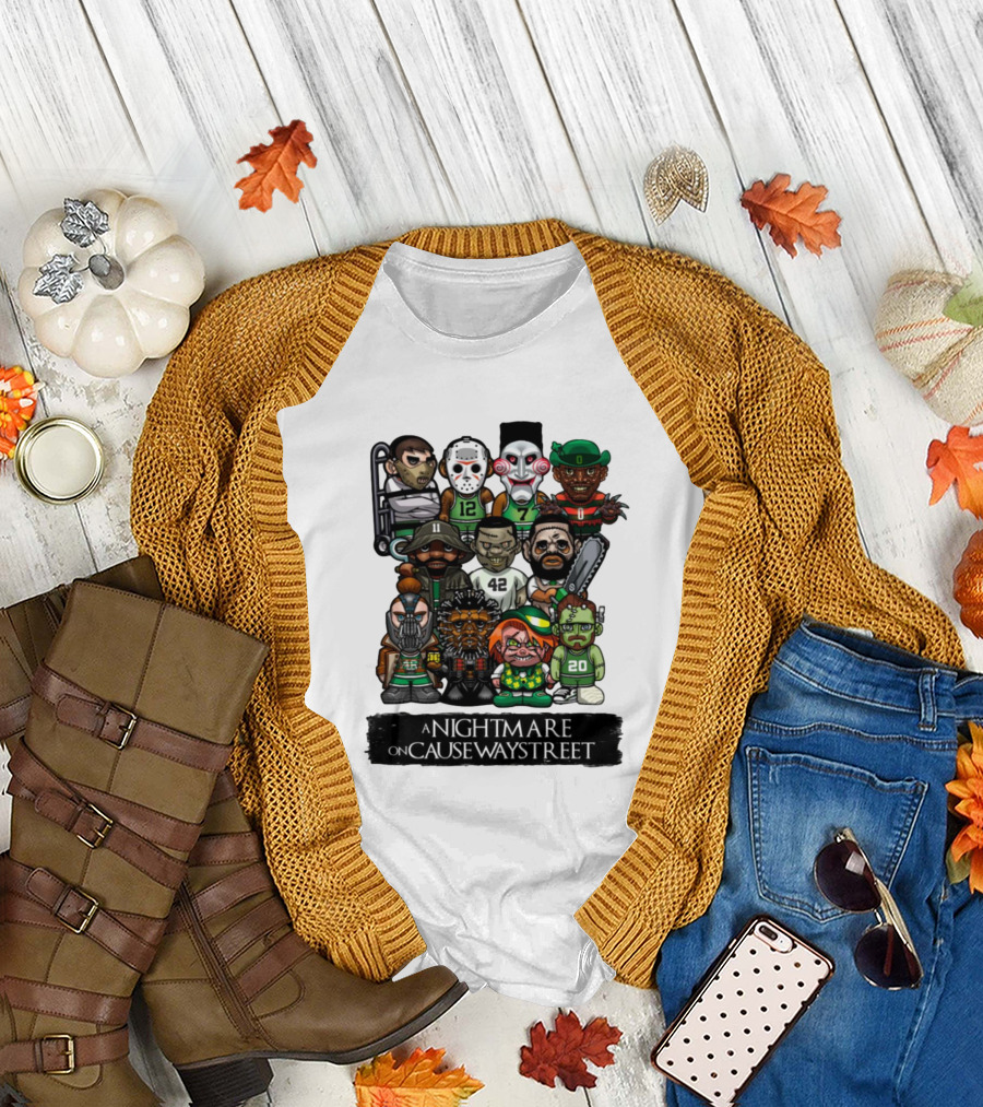 A Nightmare on Causeway Street with Horror Characters and Sports Themes T-Shirt