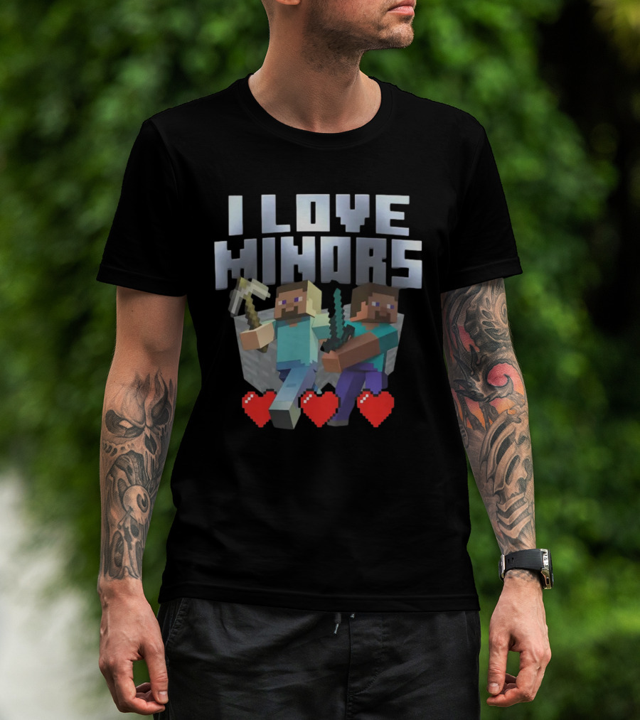 I Love Minors Minecraft Characters With Tools And Hearts T-Shirt