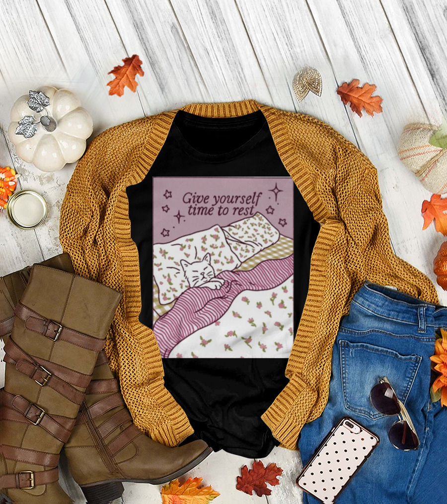 Give Yourself Time To Rest Cat Sleeping in Floral Bedding T-Shirt