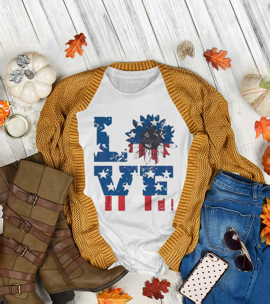 USA Love Sunflower 4th of July American Flag T-Shirt
