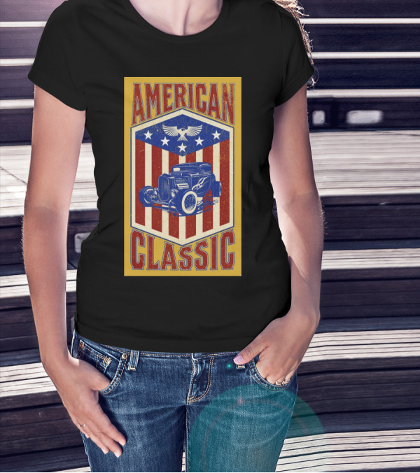 AMERICAN CLASSIC Hot Rod Eagle Stripes Stars Vintage Retro T-Shirt