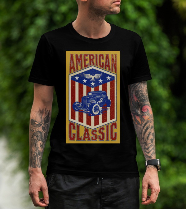 AMERICAN CLASSIC Hot Rod Eagle Stripes Stars Vintage Retro T-Shirt