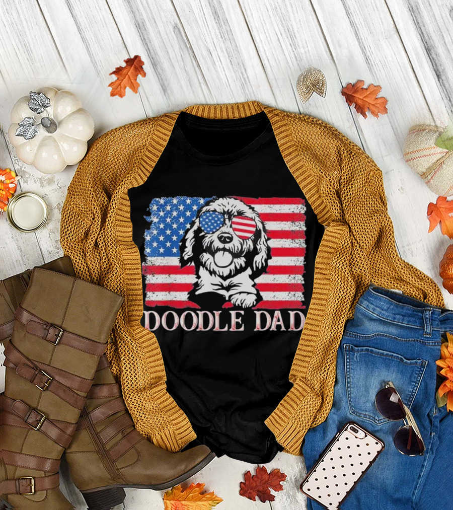 Goldendoodle Doodle Dad American Flag Sunglasses T-Shirt