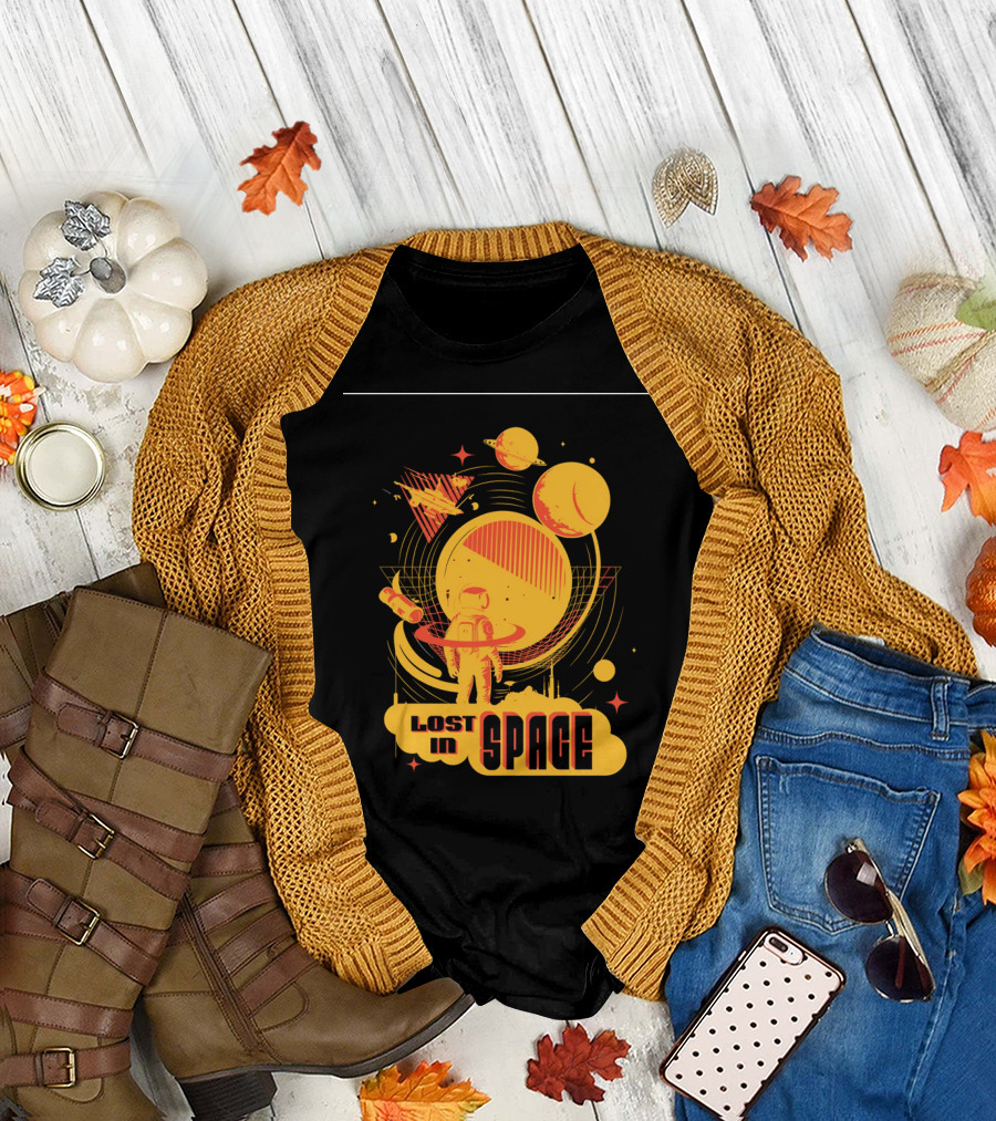 Lost in Space Astronaut with Planets and Rockets Retro T-Shirt