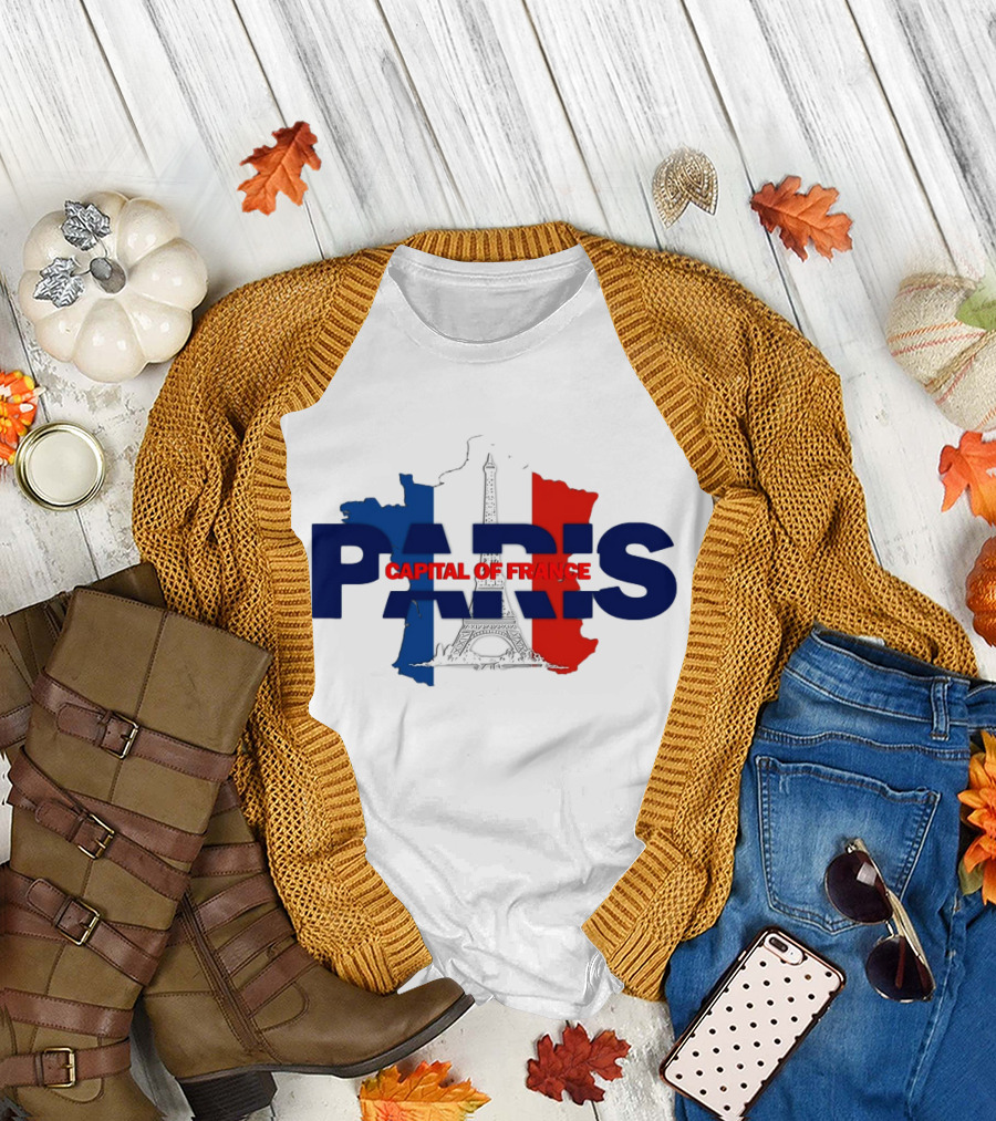 Paris Capital of France Eiffel Tower Flag Map T-Shirt