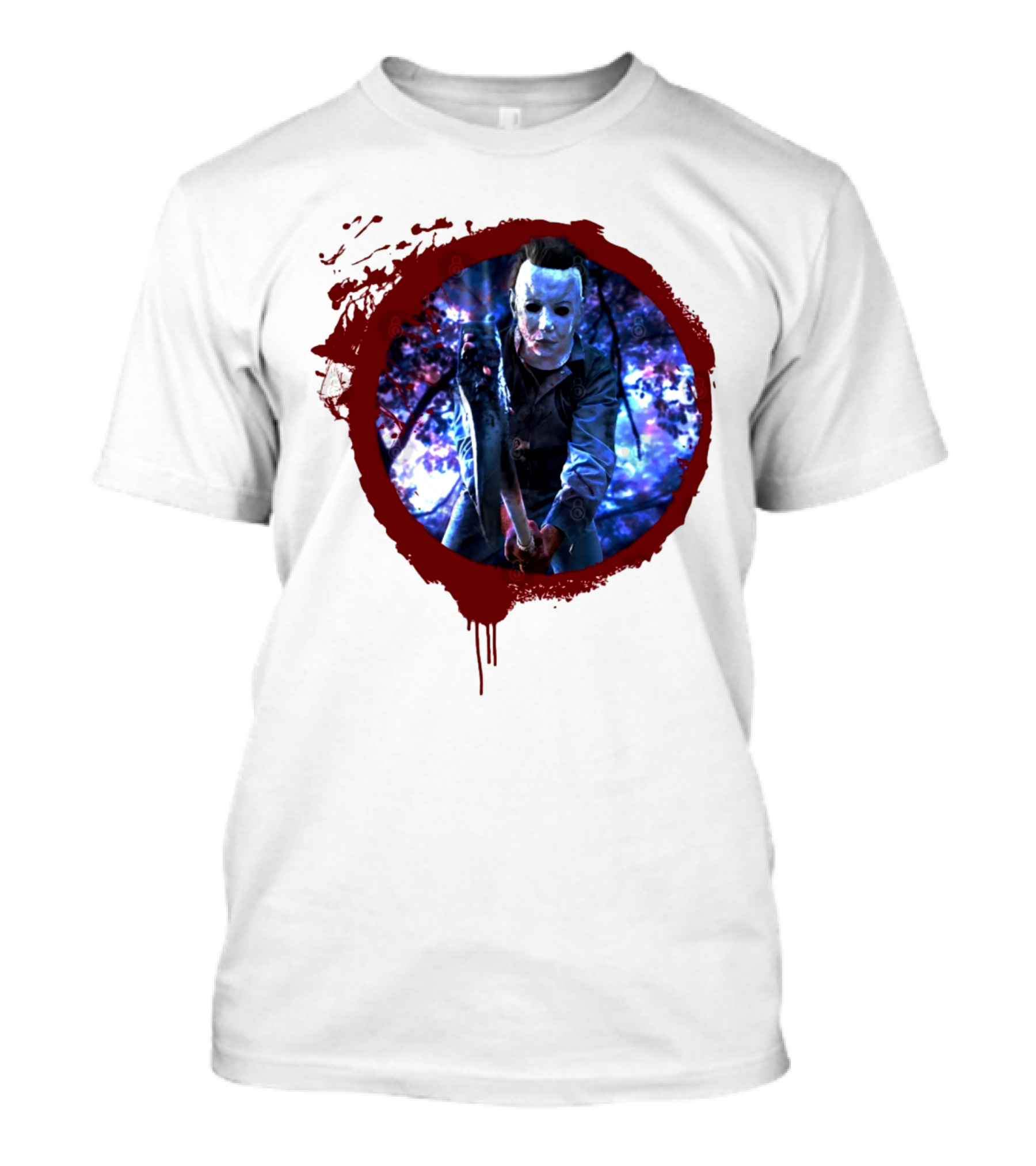 Myers Attack Blood Splatter Horror Mask Iconic Blue Woods Scene T-Shirt