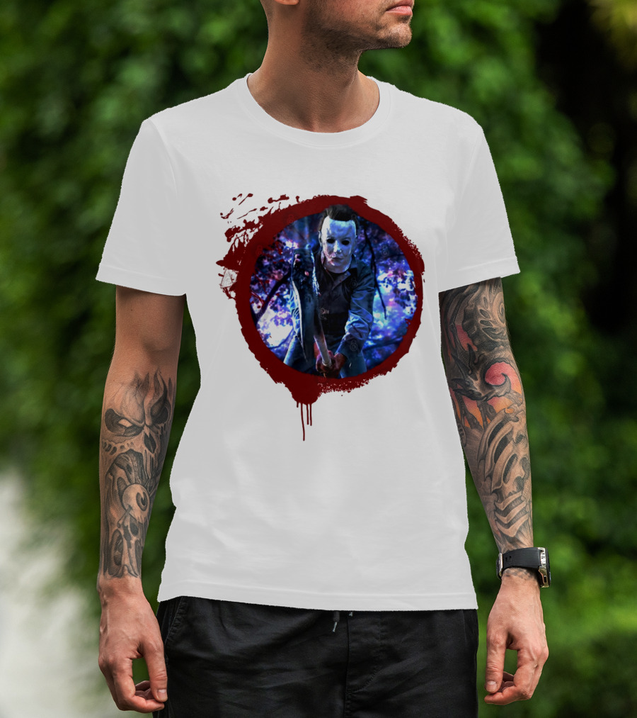 Myers Attack Blood Splatter Horror Mask Iconic Blue Woods Scene T-Shirt