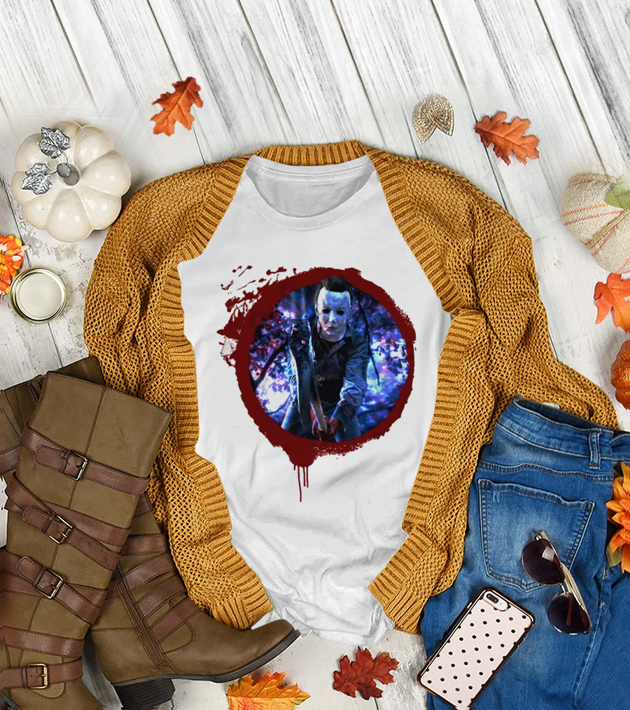 Myers Attack Blood Splatter Horror Mask Iconic Blue Woods Scene T-Shirt