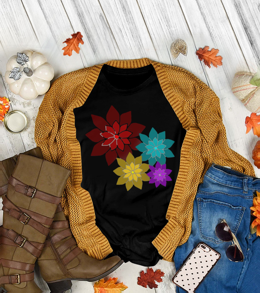 Pattern of Flowers in Red, Blue, Yellow, Purple T-Shirt