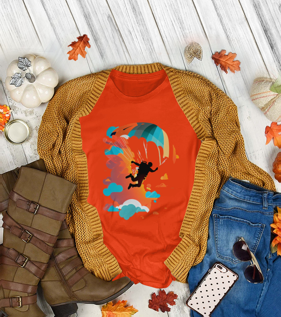 Skydiver Silhouette with Colorful Parachute and Clouds T-Shirt