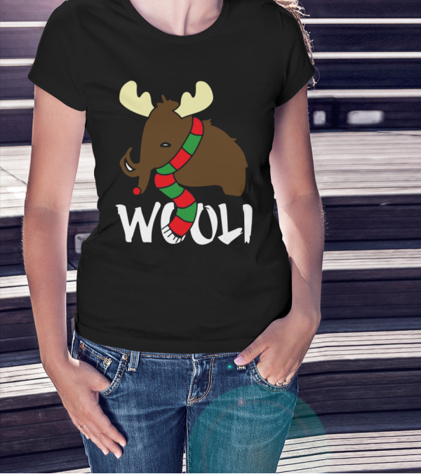 Wooli Mammoth Wearing Red And Green Scarf With Antlers T-Shirt