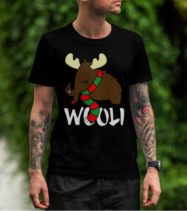 Wooli Mammoth Wearing Red And Green Scarf With Antlers T-Shirt