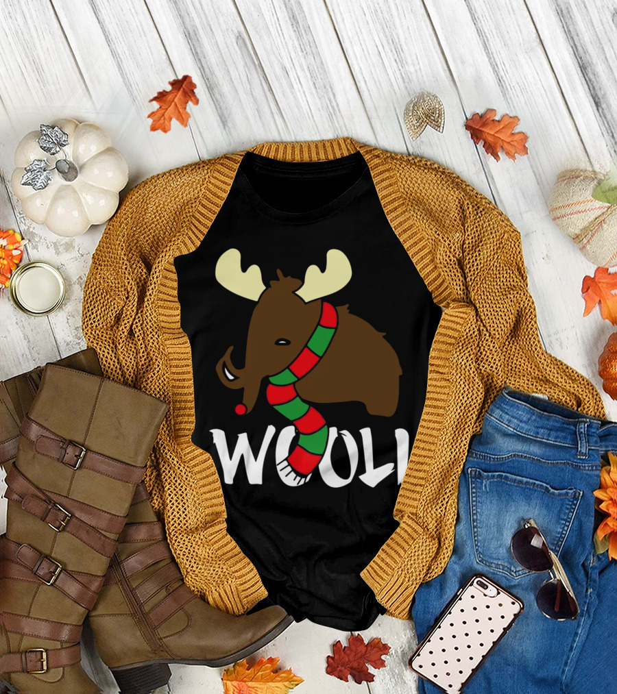 Wooli Mammoth Wearing Red and Green Scarf with Antlers T-Shirt