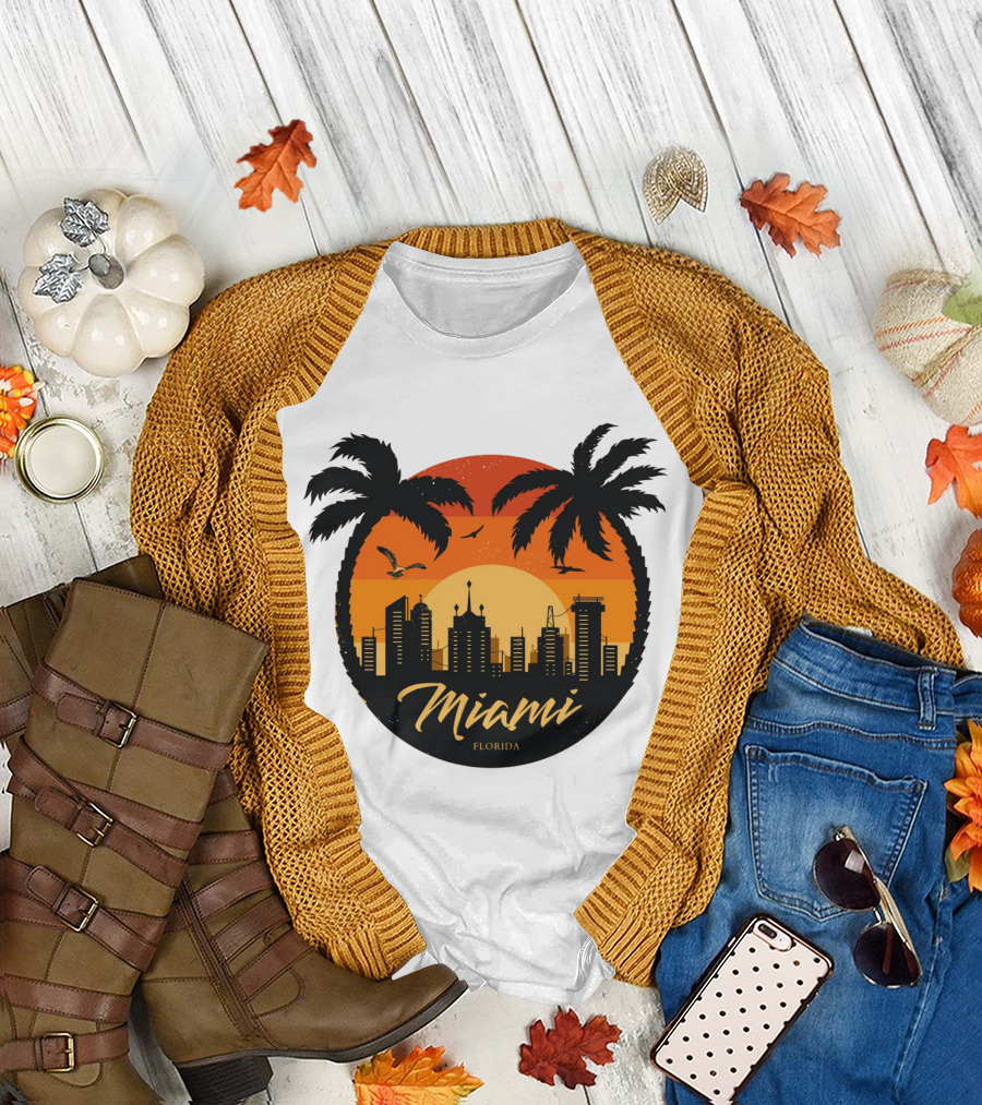 Miami Florida Sunset Skyline Palm Trees T-Shirt