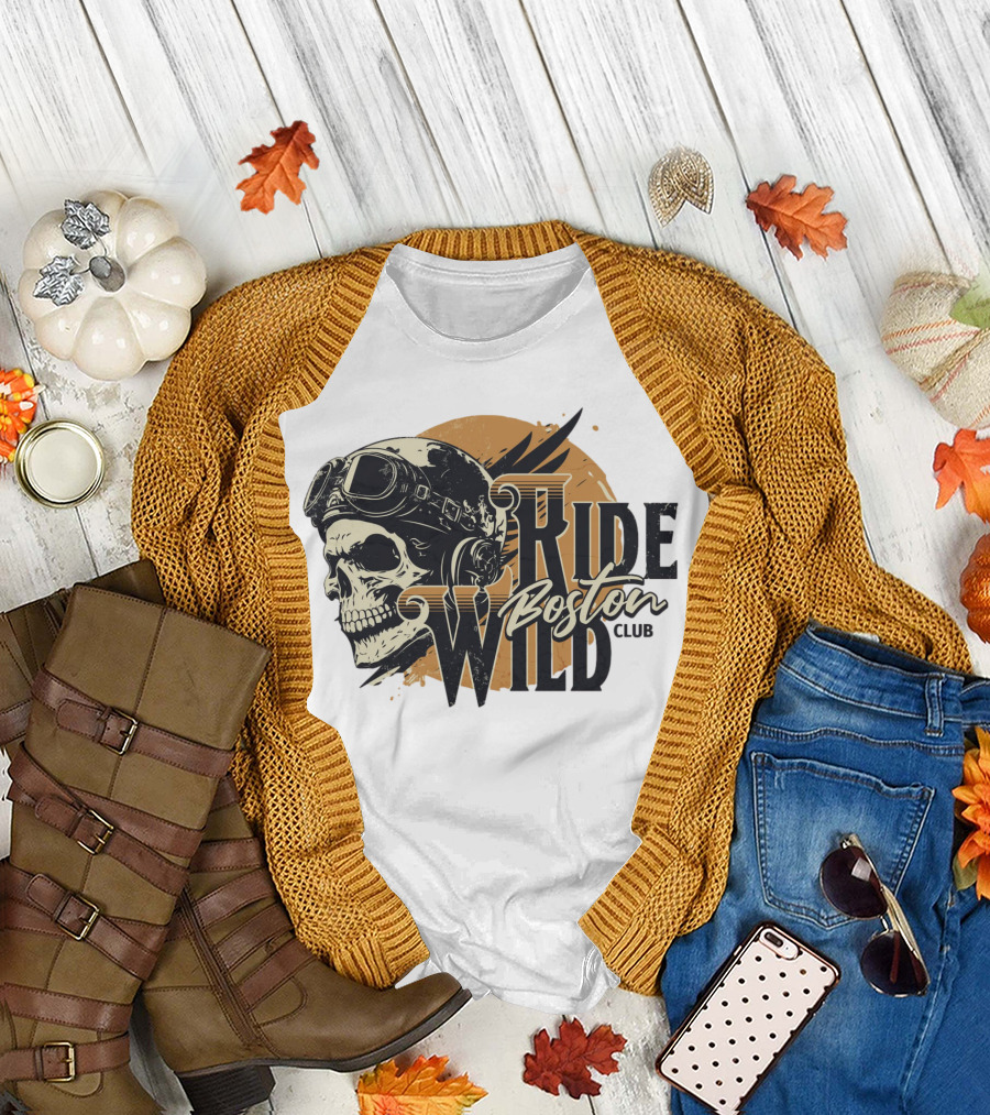 Ride Wild Boston Club Skull with Goggles T-Shirt