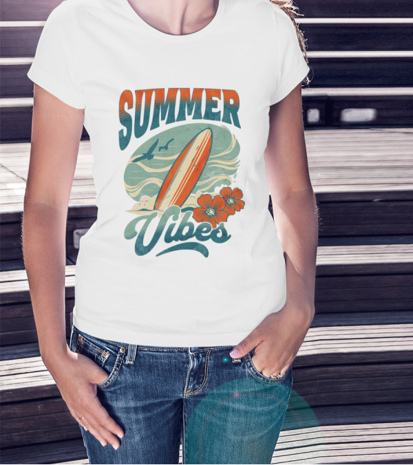 SUMMER VIBES Surfboard Ocean Waves Flowers Seagulls T-Shirt