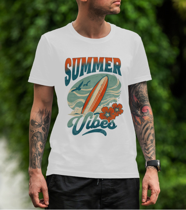 SUMMER VIBES Surfboard Ocean Waves Flowers Seagulls T-Shirt
