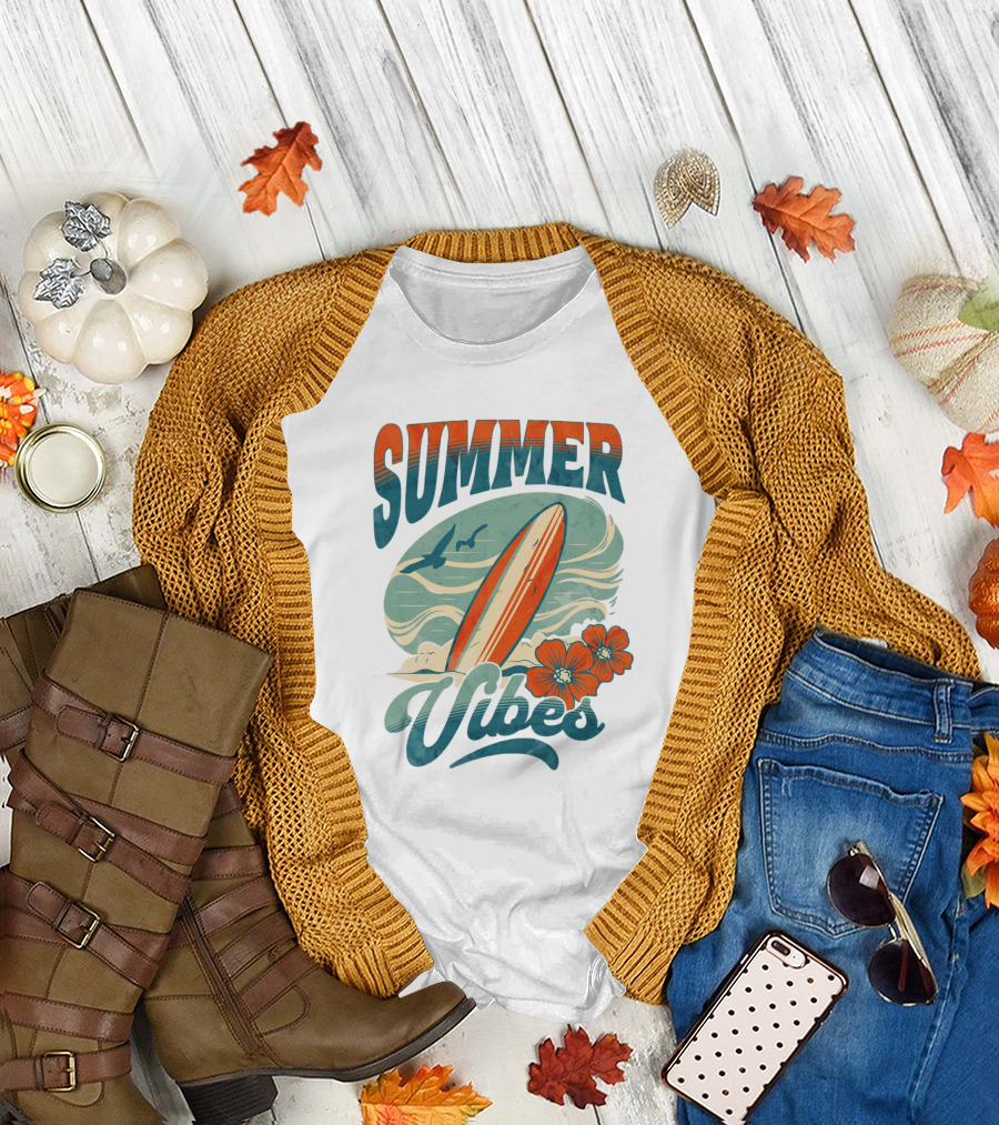 SUMMER VIBES Surfboard Ocean Waves Flowers Seagulls T-Shirt
