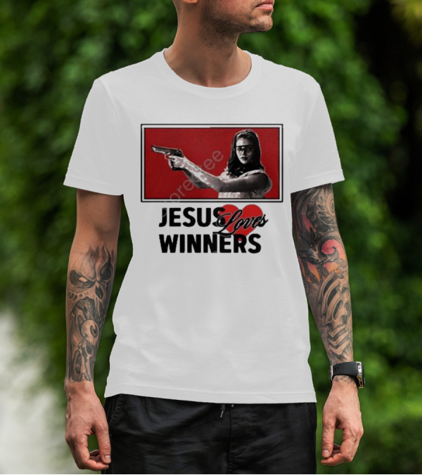 Super Yaki Jesus Loves Winners Red Gun Woman T-Shirt