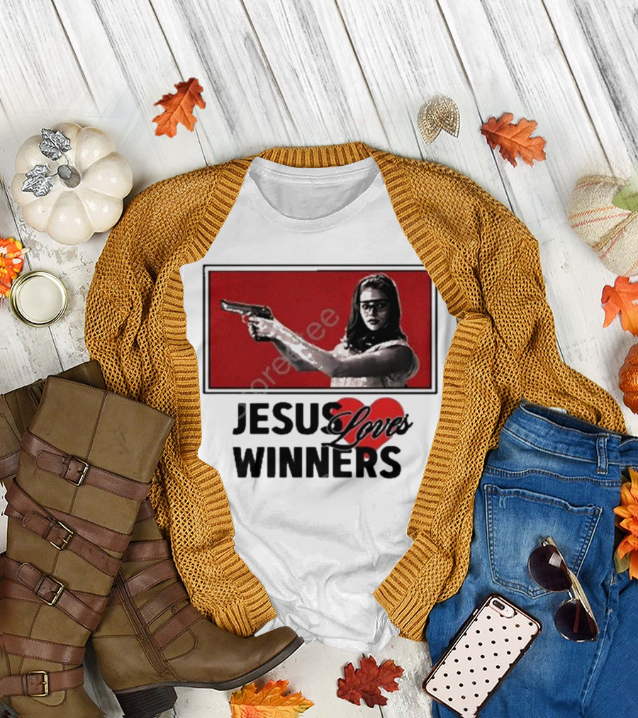 Super Yaki Jesus Loves Winners Red Gun Woman T-Shirt