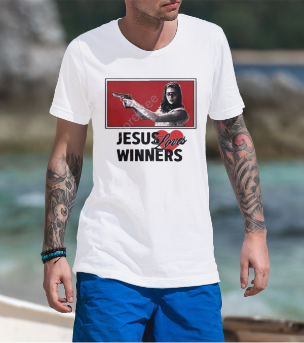 Super Yaki Jesus Loves Winners Red Gun Woman T-Shirt