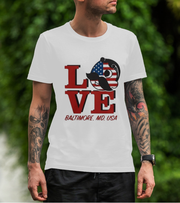 Love Baltimore MD USA National Bohemian American Flag Mustache T-Shirt