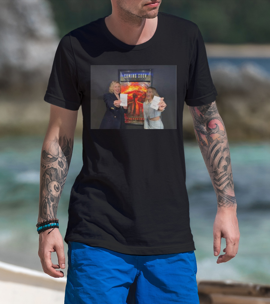 Coming Soon Oppenheimer Greta Gerwig Margot Robbie Holding Tickets T-Shirt