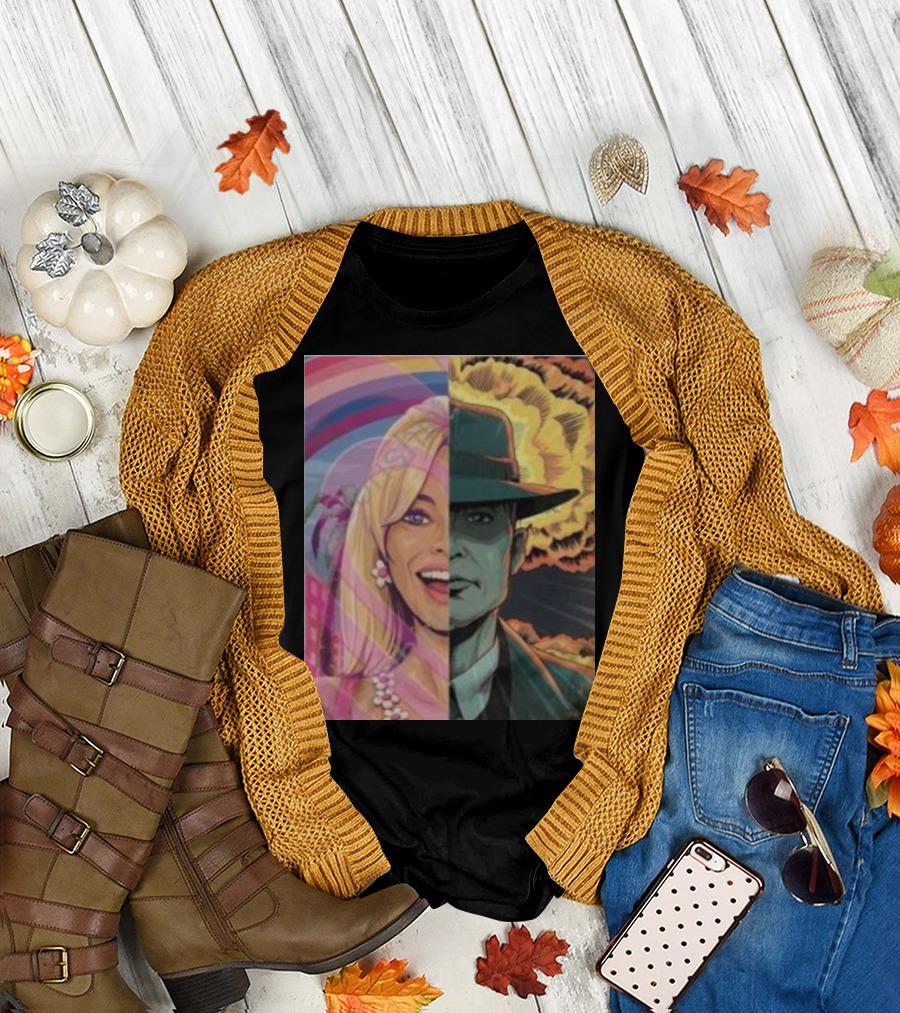 Discussingfilm Barbie Vs Oppenheimer Jonattfieldart Rainbow Explosion Duality T-Shirt
