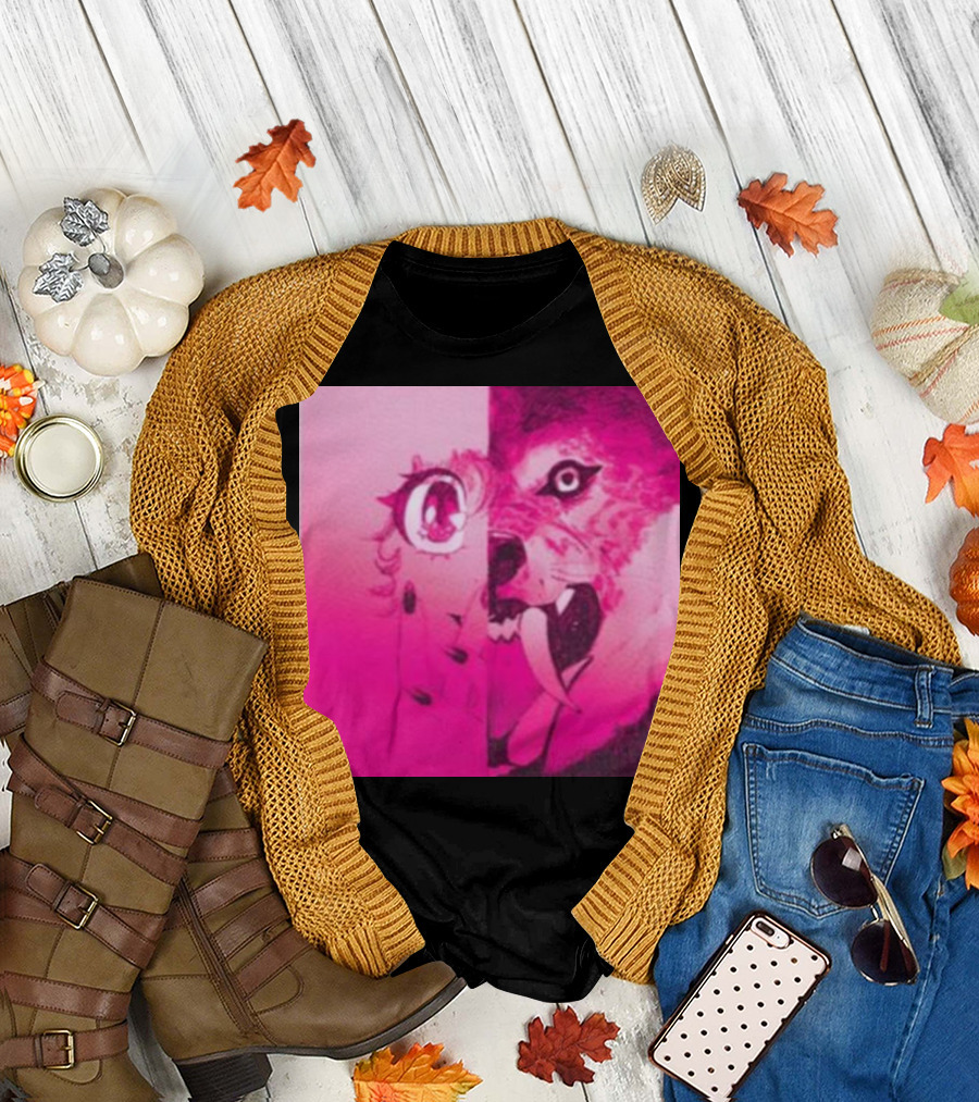 Dead On The Scene Wolf and Anime Girl Pink Contrast T-Shirt