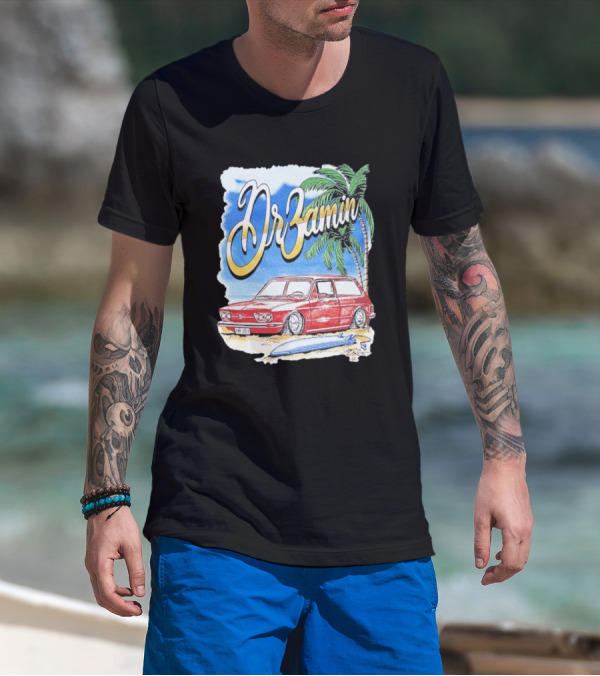 DrZamin Red Car Tropical Beach Scene With Palm Trees Surfboard T-Shirt