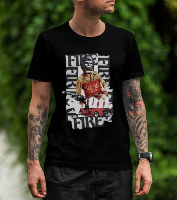 Scum Fire With Gorilla Holding Gun And Fire Text Over Red Car T-Shirt