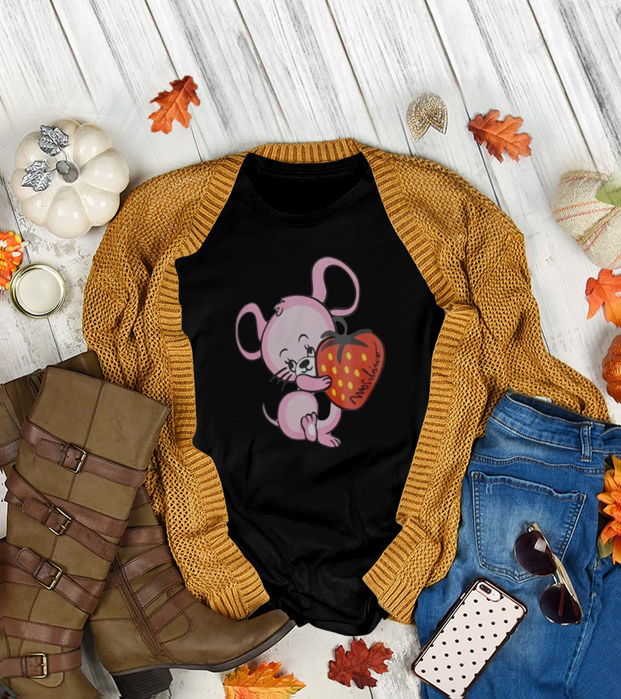Cute Pink Mouse Hugging Strawberry Moschino T-Shirt