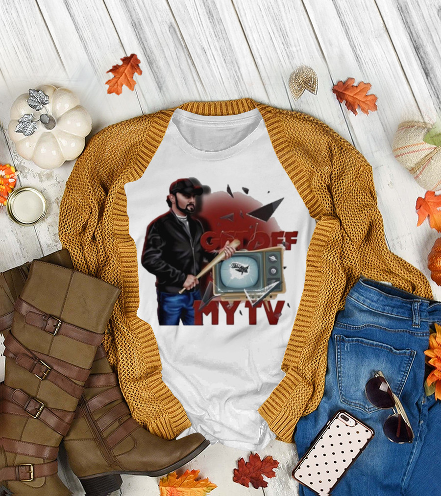Get Off My TV Baseball Bat Vintage TV Shattered Screen T-Shirt