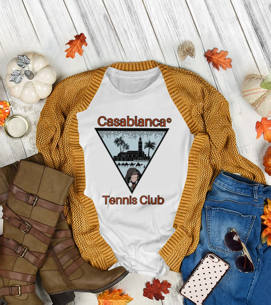 Casablanca Tennis Club Triangle Graphic with Moroccan Skyline and Palms T-Shirt