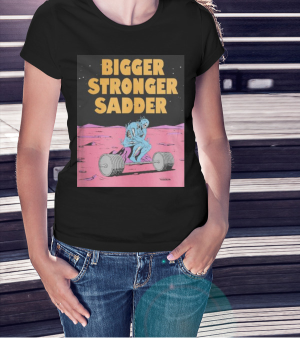 Bigger Stronger Sadder Raskol Skeleton Lifting Weights On Alien Landscape T-Shirt
