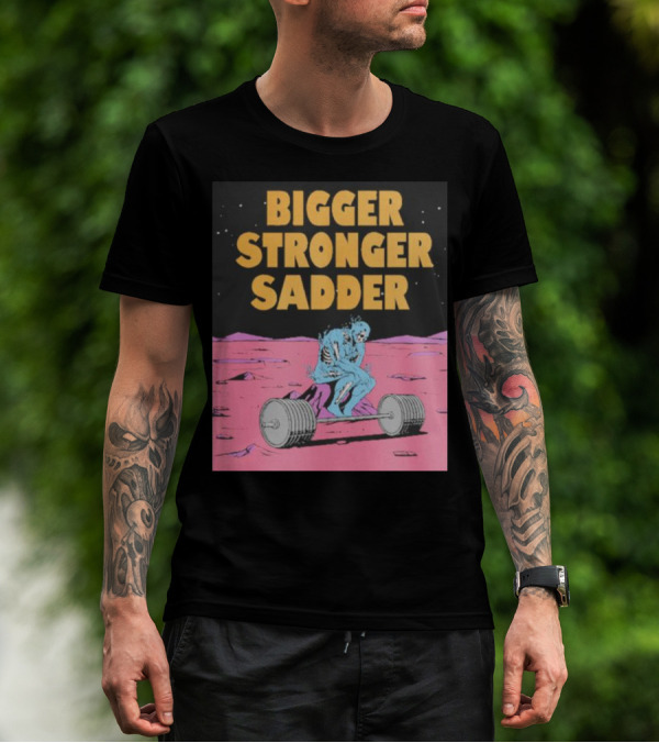 Bigger Stronger Sadder Raskol Skeleton Lifting Weights On Alien Landscape T-Shirt