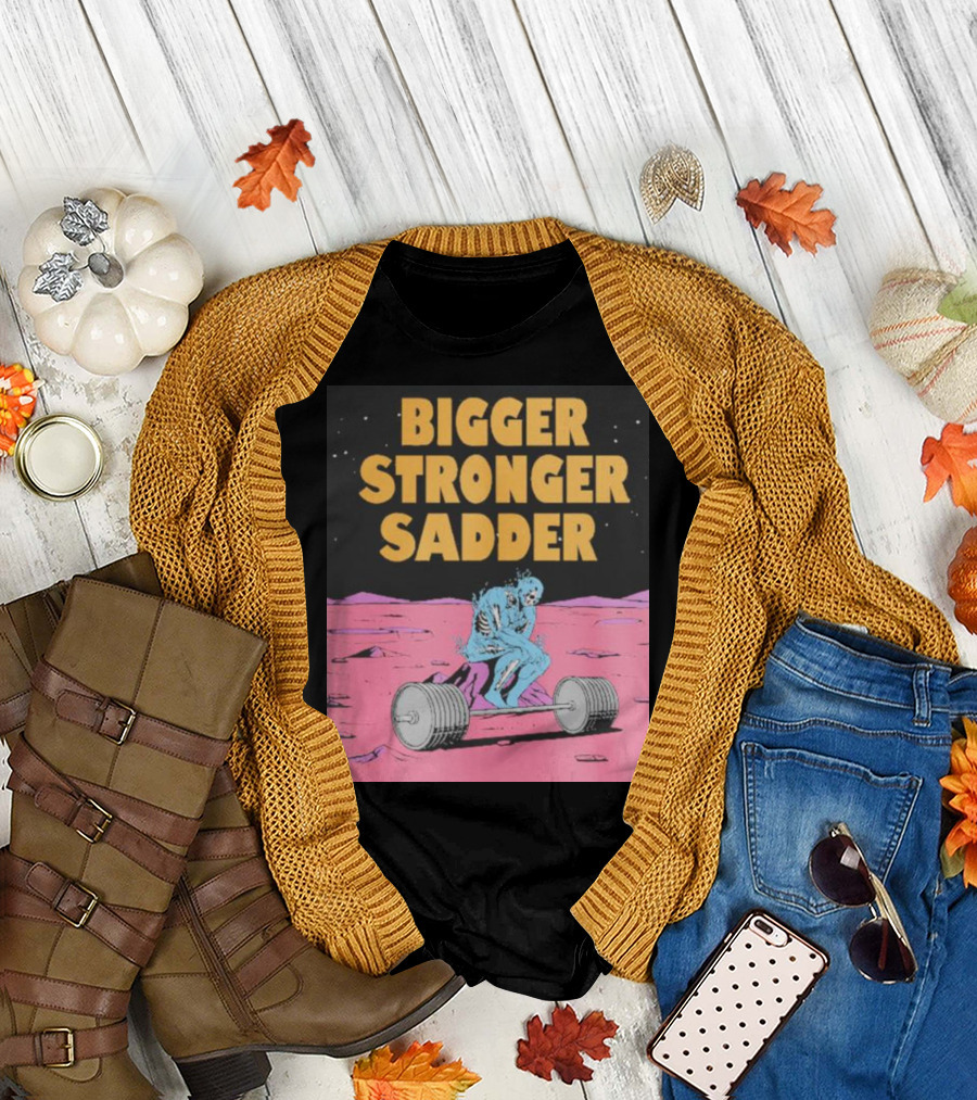 Bigger Stronger Sadder Raskol Skeleton Lifting Weights on Alien Landscape T-Shirt