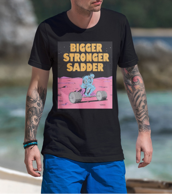 Bigger Stronger Sadder Raskol Skeleton Lifting Weights On Alien Landscape T-Shirt