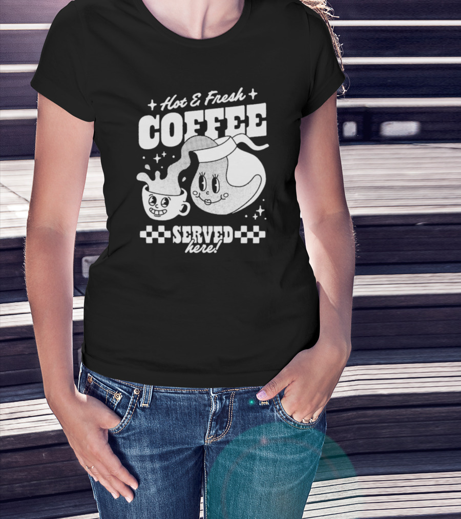 Hot And Fresh Coffee Served Here Retro Cartoon T-Shirt