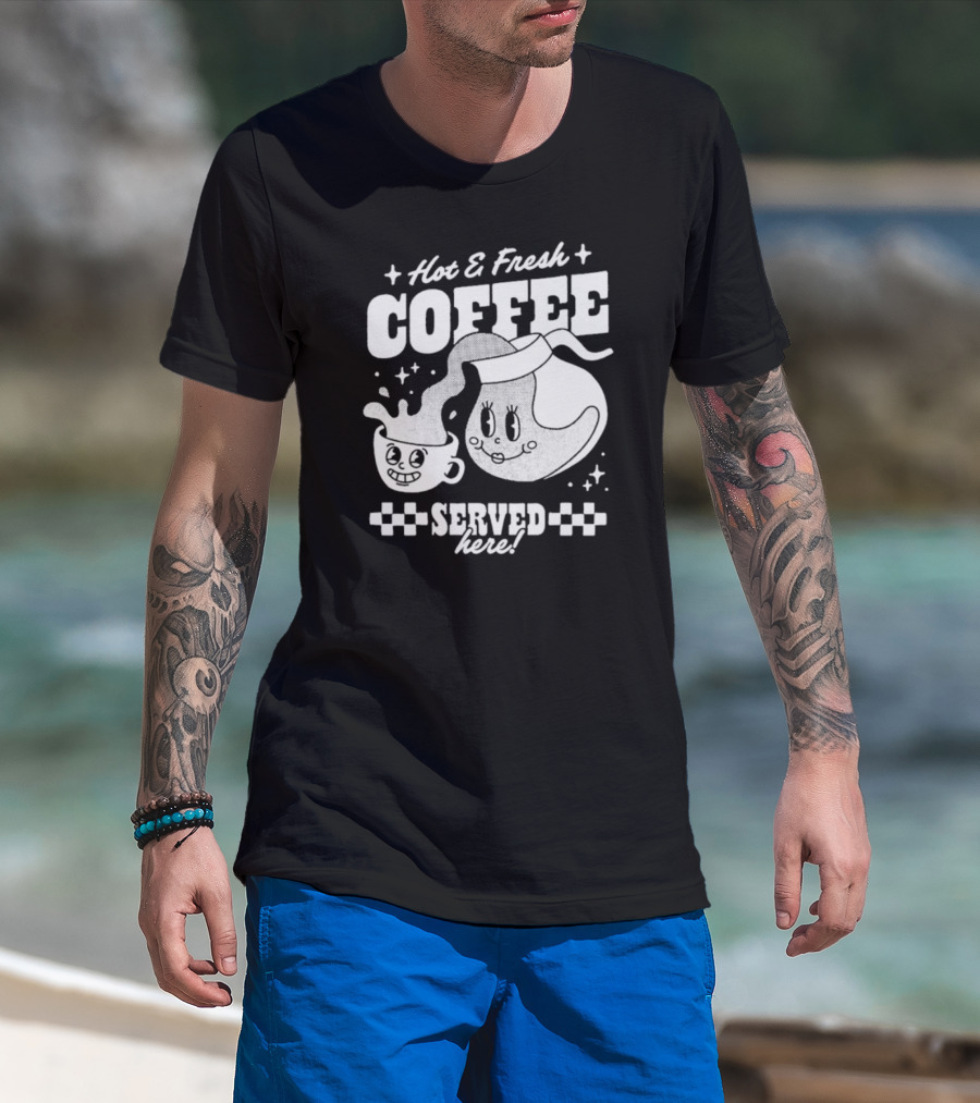 Hot And Fresh Coffee Served Here Retro Cartoon T-Shirt