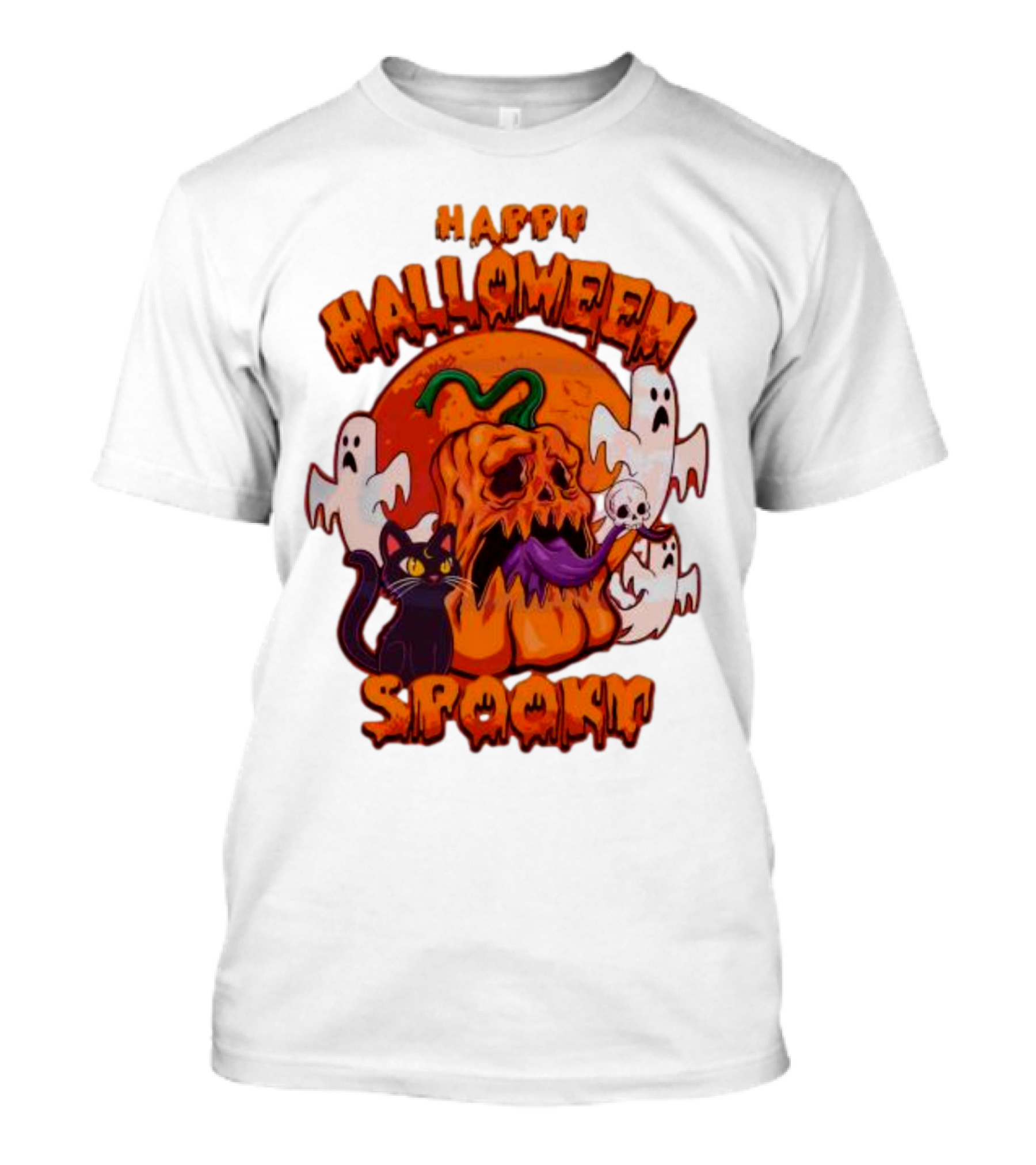 Happy Halloween Spooky Horror Pumpkin Ghosts Black Cat T-Shirt