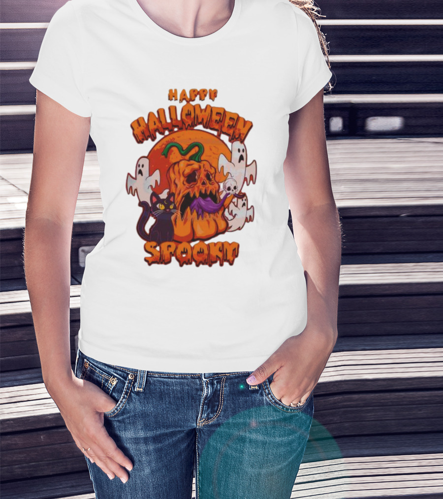 Happy Halloween Spooky Horror Pumpkin Ghosts Black Cat T-Shirt