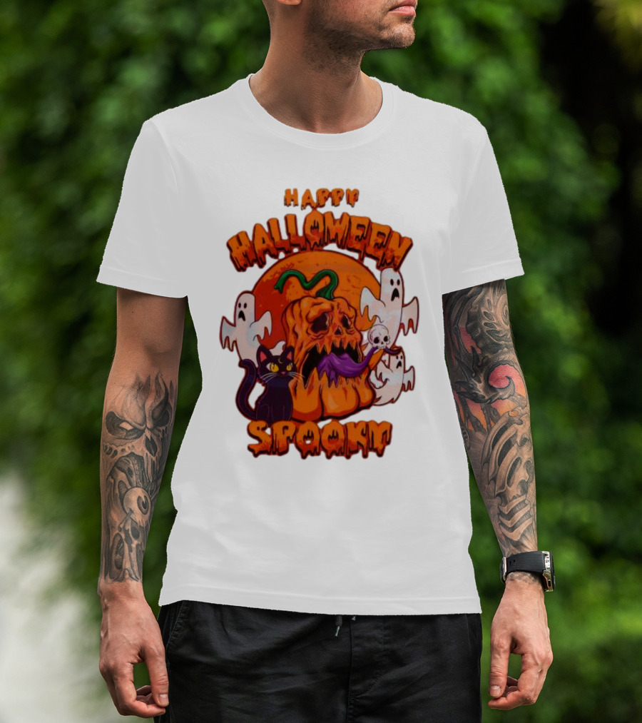 Happy Halloween Spooky Horror Pumpkin Ghosts Black Cat T-Shirt