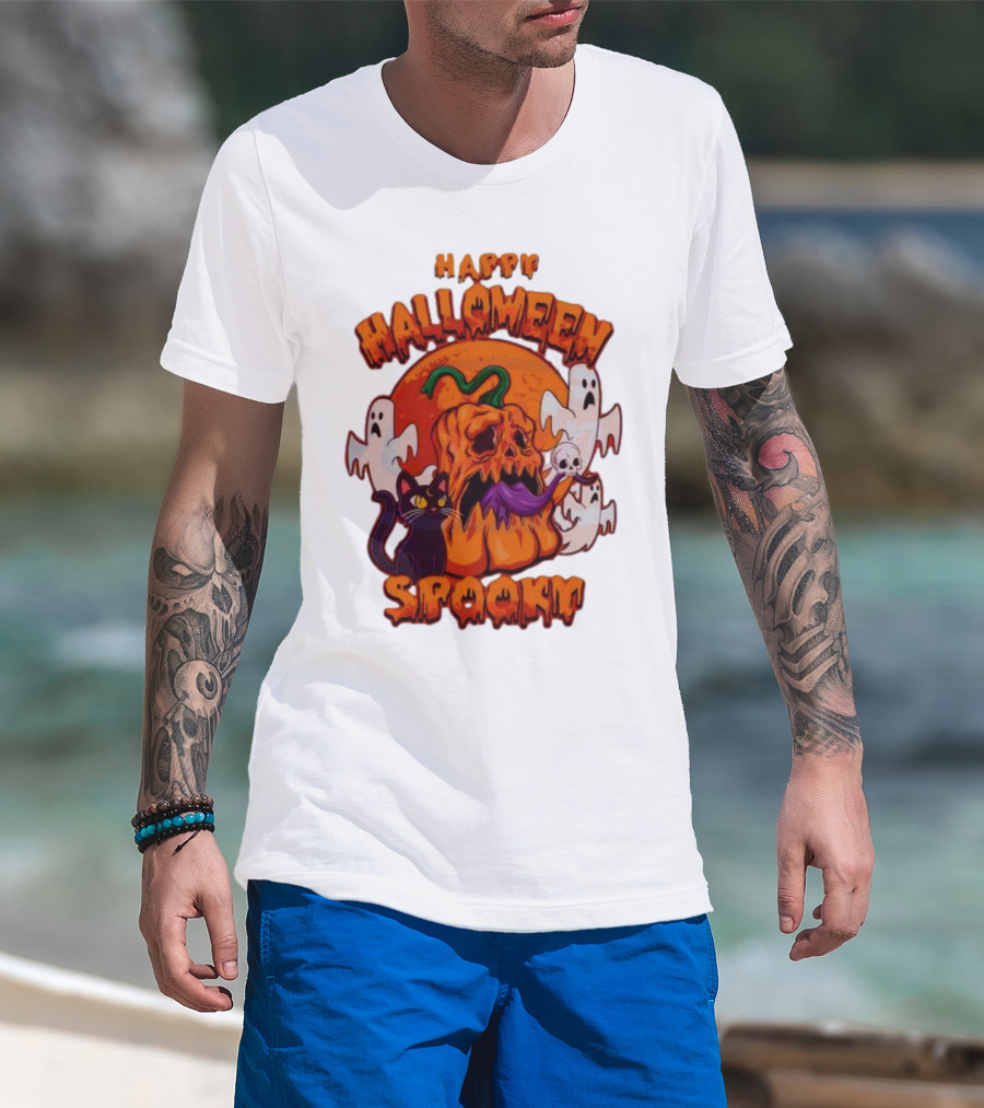 Happy Halloween Spooky Horror Pumpkin Ghosts Black Cat T-Shirt