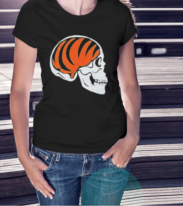 Goodberry Bengals Brain Skull With Orange Tiger Stripes T-Shirt